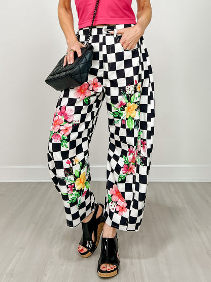 Floral And Checkerboard Printed Barrel Pants