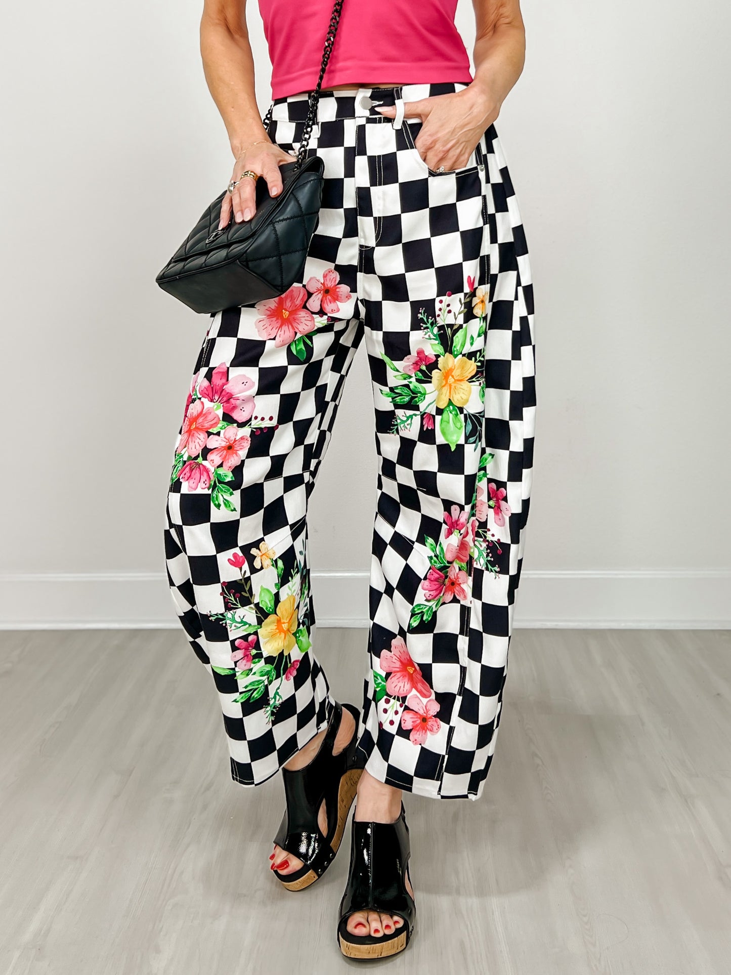 Floral And Checkerboard Printed Barrel Pants