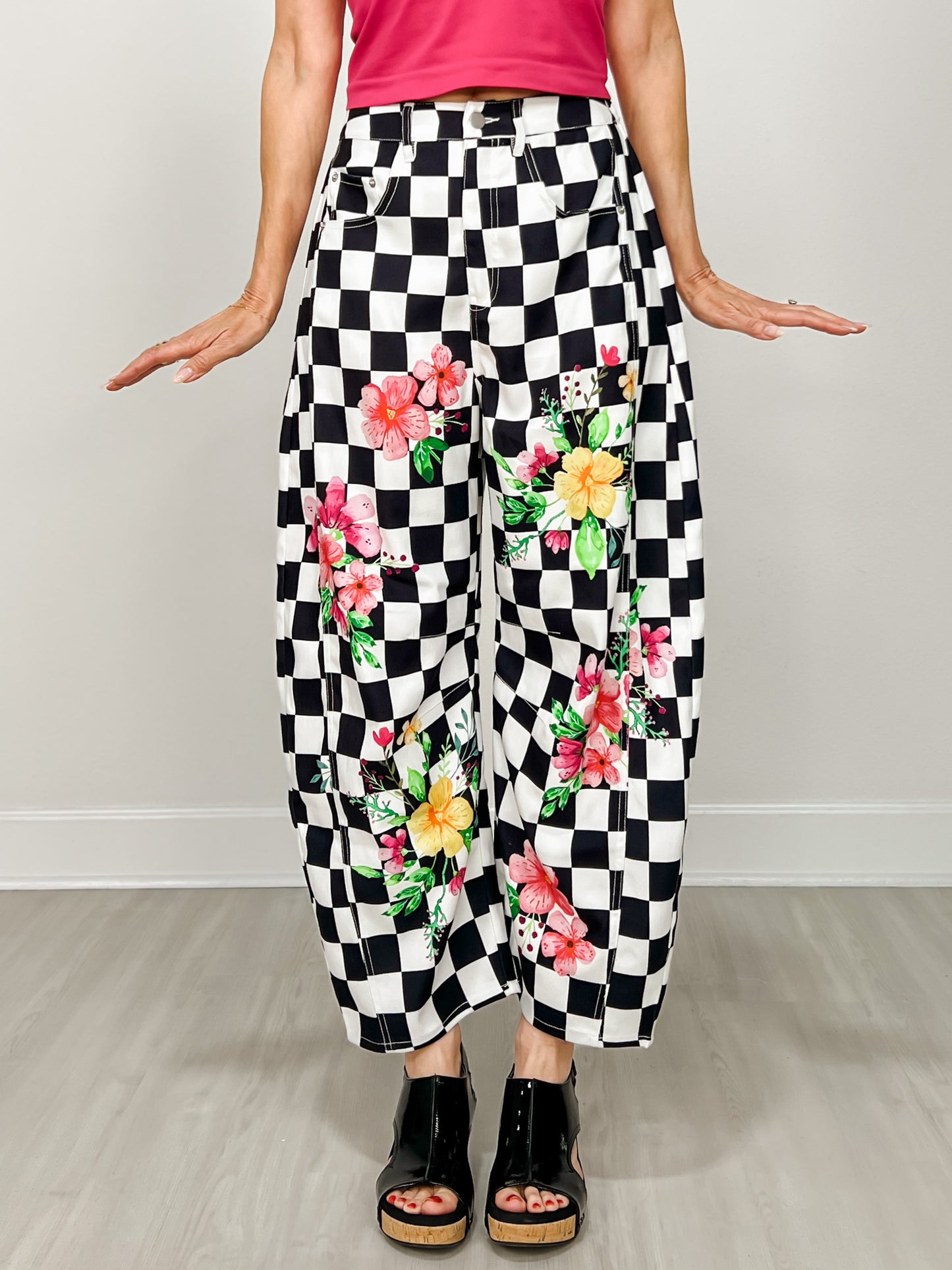 Floral And Checkerboard Printed Barrel Pants