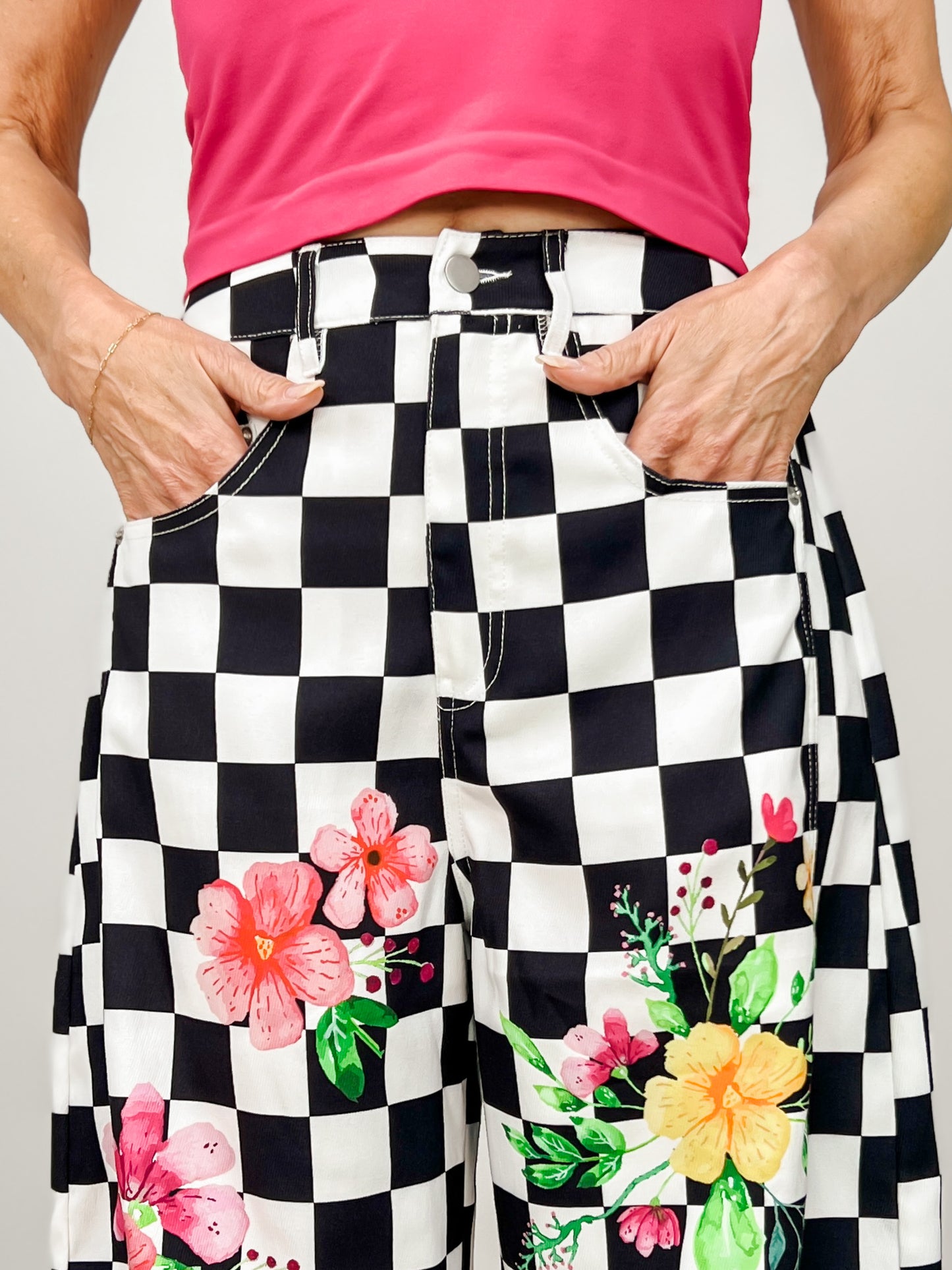 Floral And Checkerboard Printed Barrel Pants