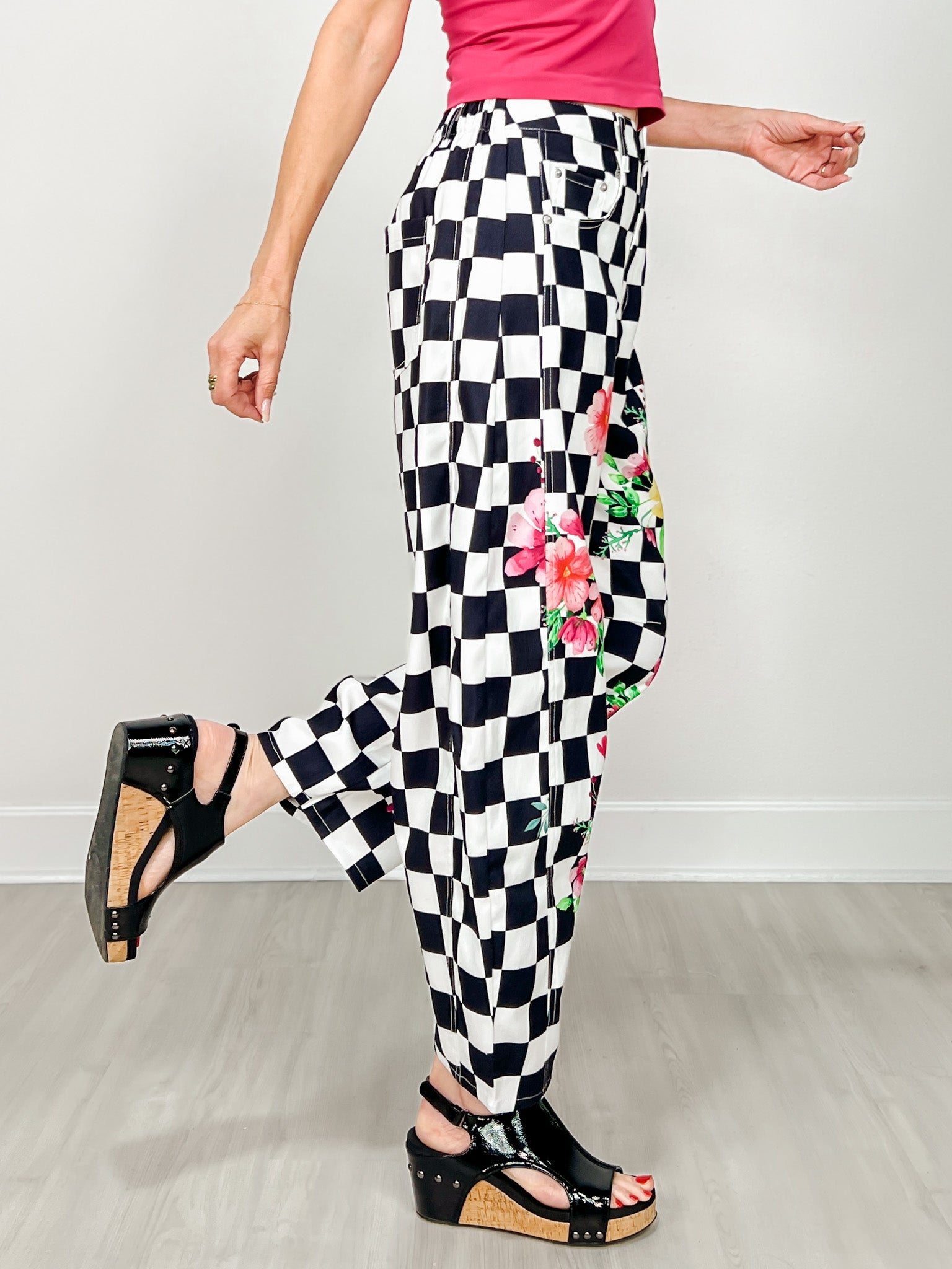 Floral And Checkerboard Printed Barrel Pants