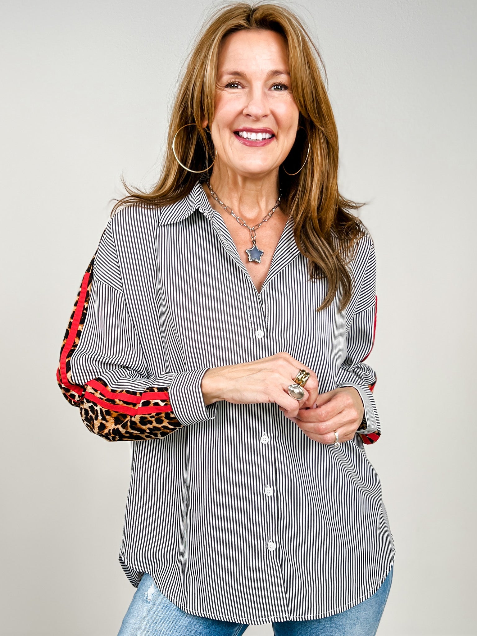 Striped Button Down Collared Top with Leopard Contrast