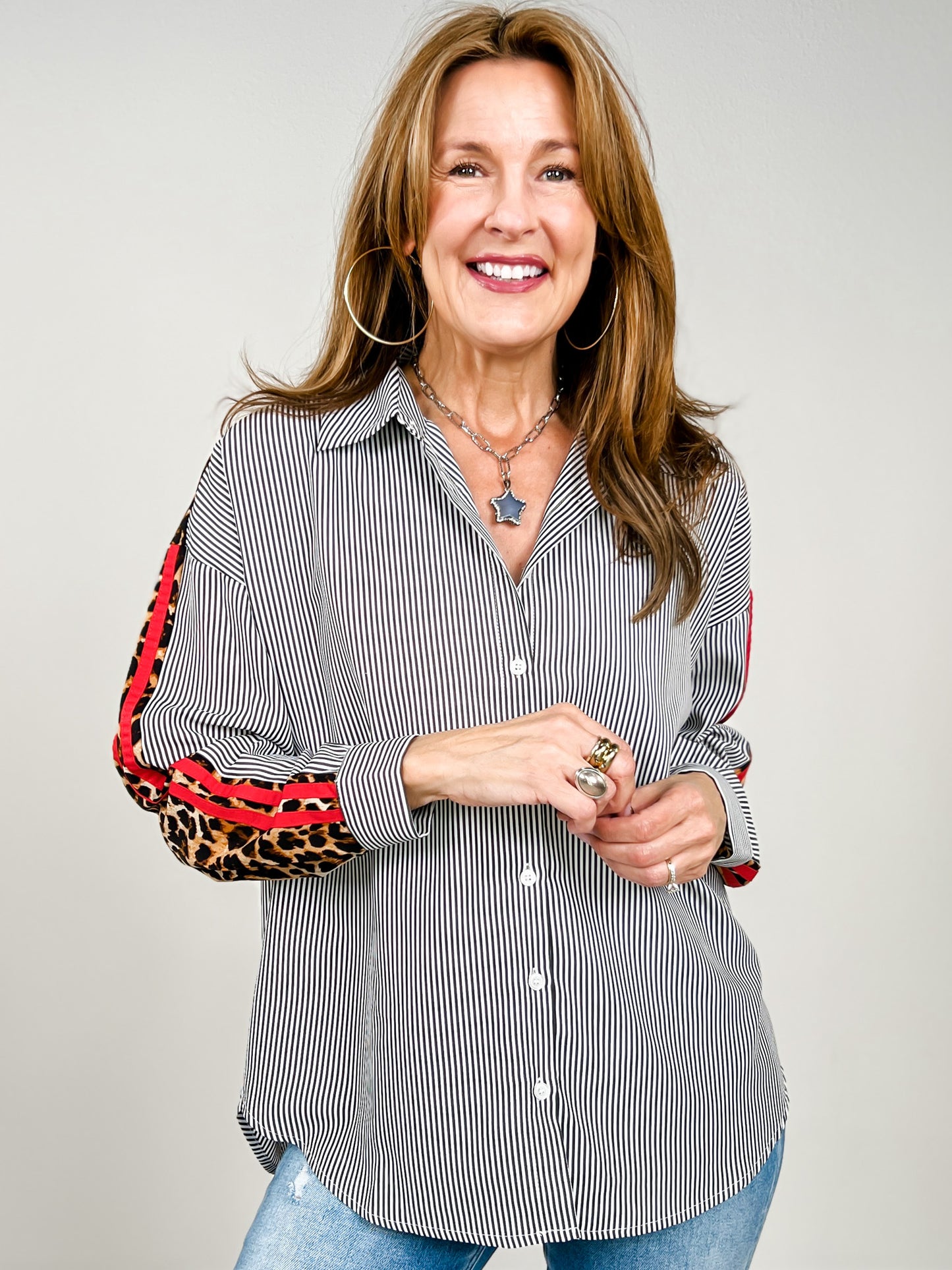Striped Button Down Collared Top with Leopard Contrast