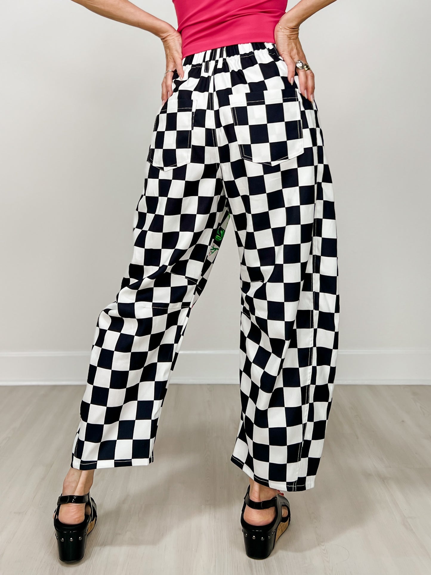 Floral And Checkerboard Printed Barrel Pants