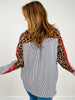 Striped Button Down Collared Top with Leopard Contrast