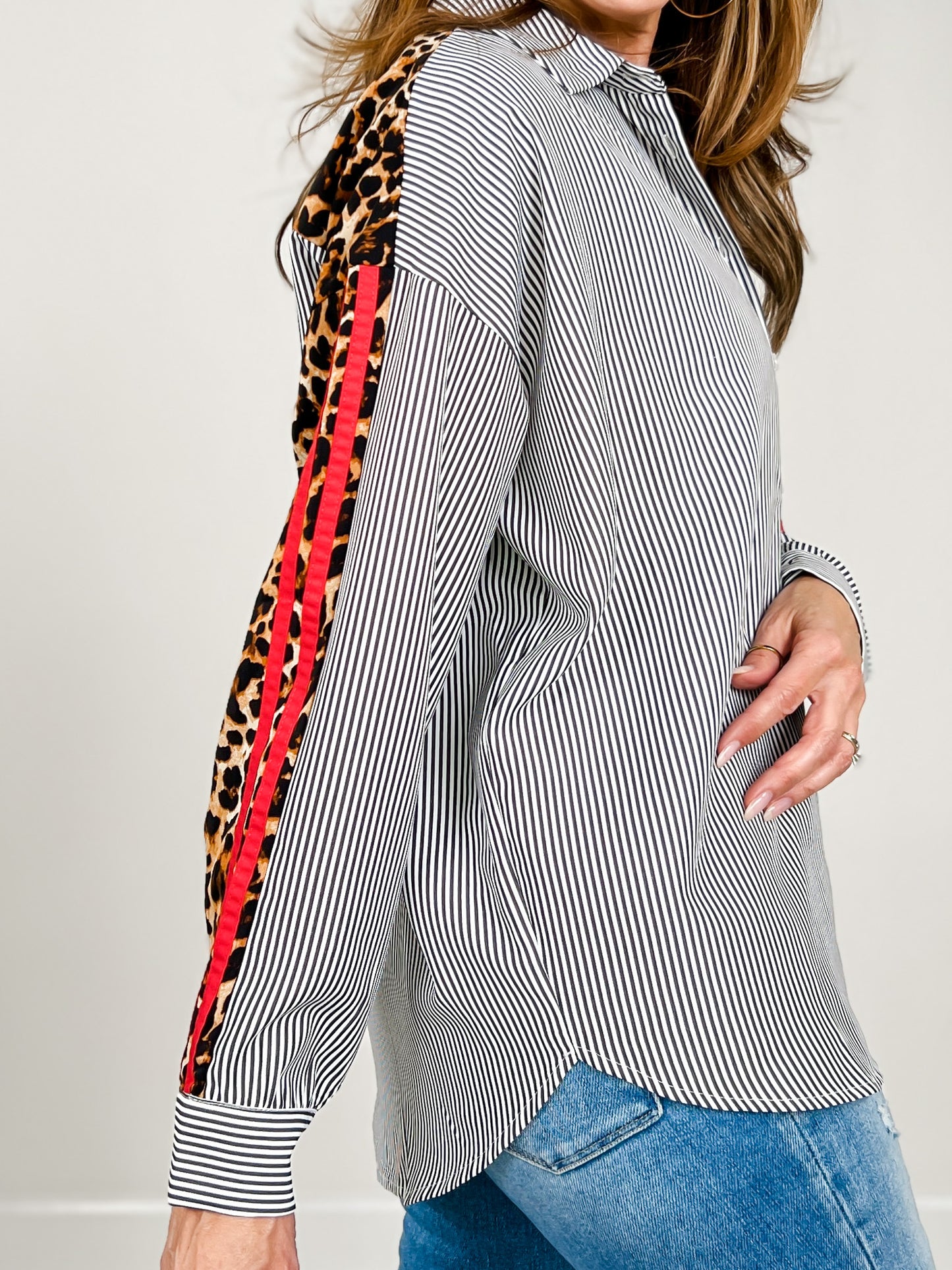 Striped Button Down Collared Top with Leopard Contrast
