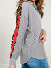 Striped Button Down Collared Top with Leopard Contrast