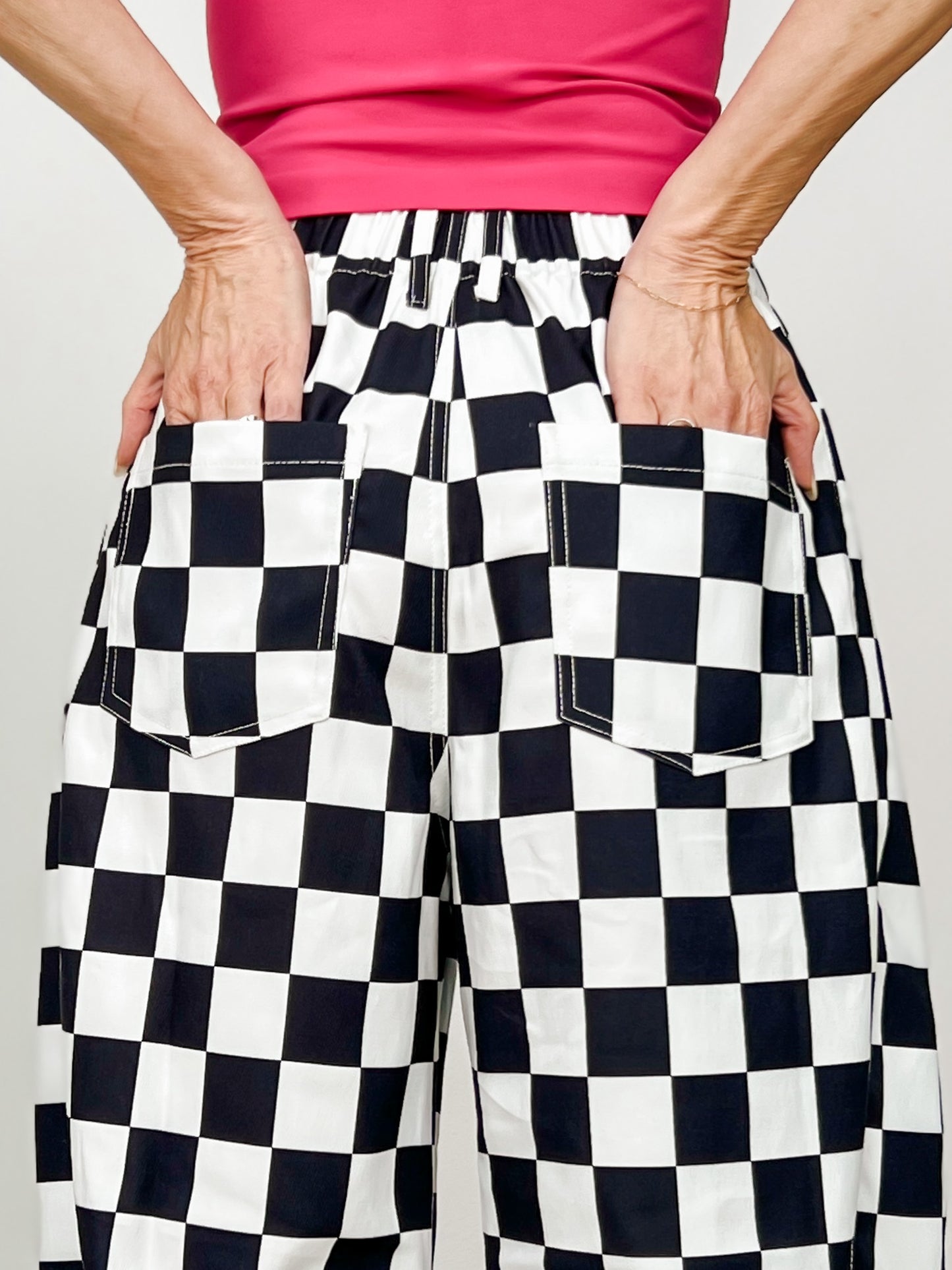 Floral And Checkerboard Printed Barrel Pants