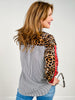 Striped Button Down Collared Top with Leopard Contrast