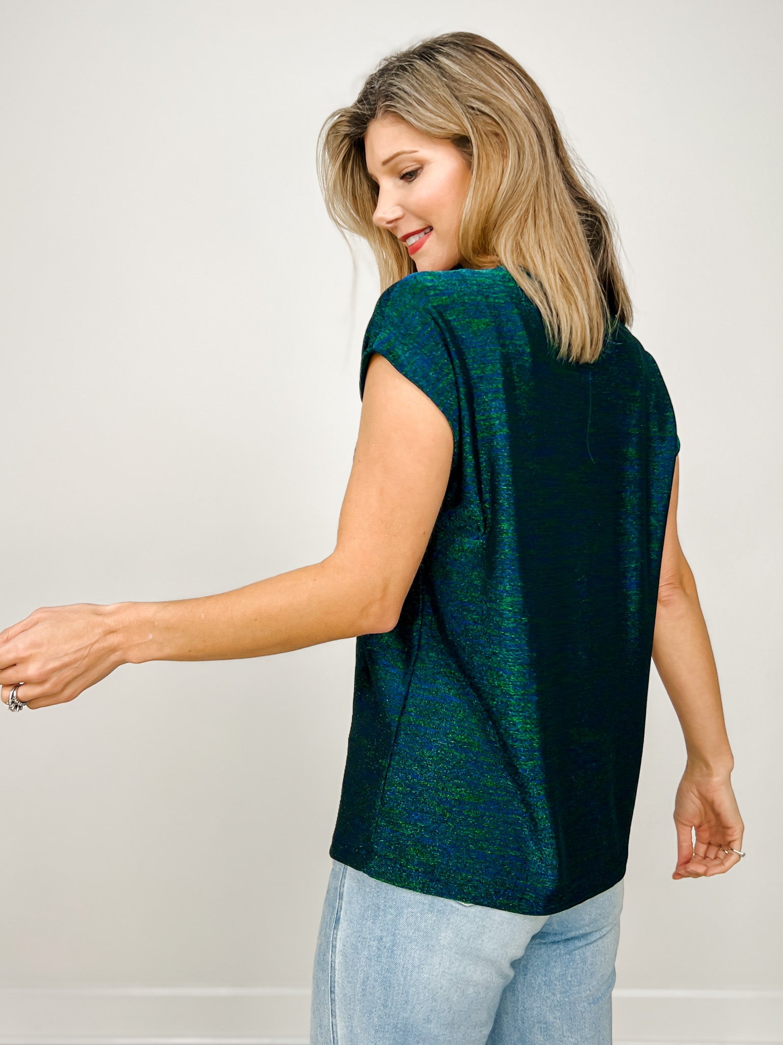 Relaxed Fit Round Neck Cap Sleeves Shimmer Top