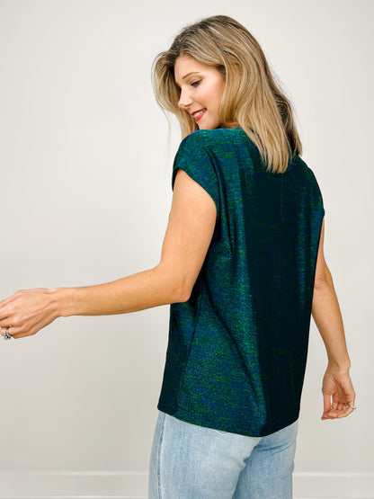 Relaxed Fit Round Neck Cap Sleeves Shimmer Top