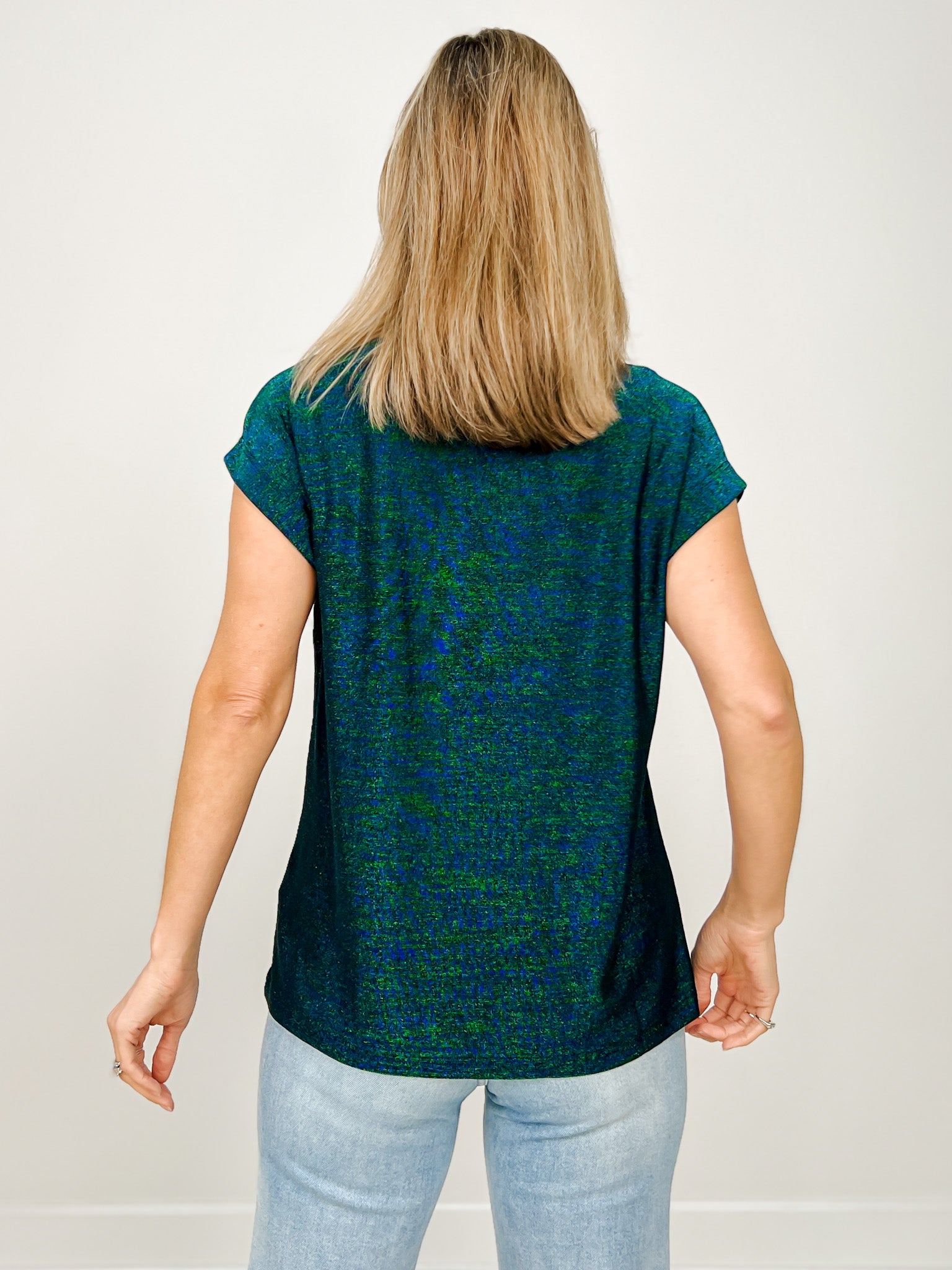 Relaxed Fit Round Neck Cap Sleeves Shimmer Top