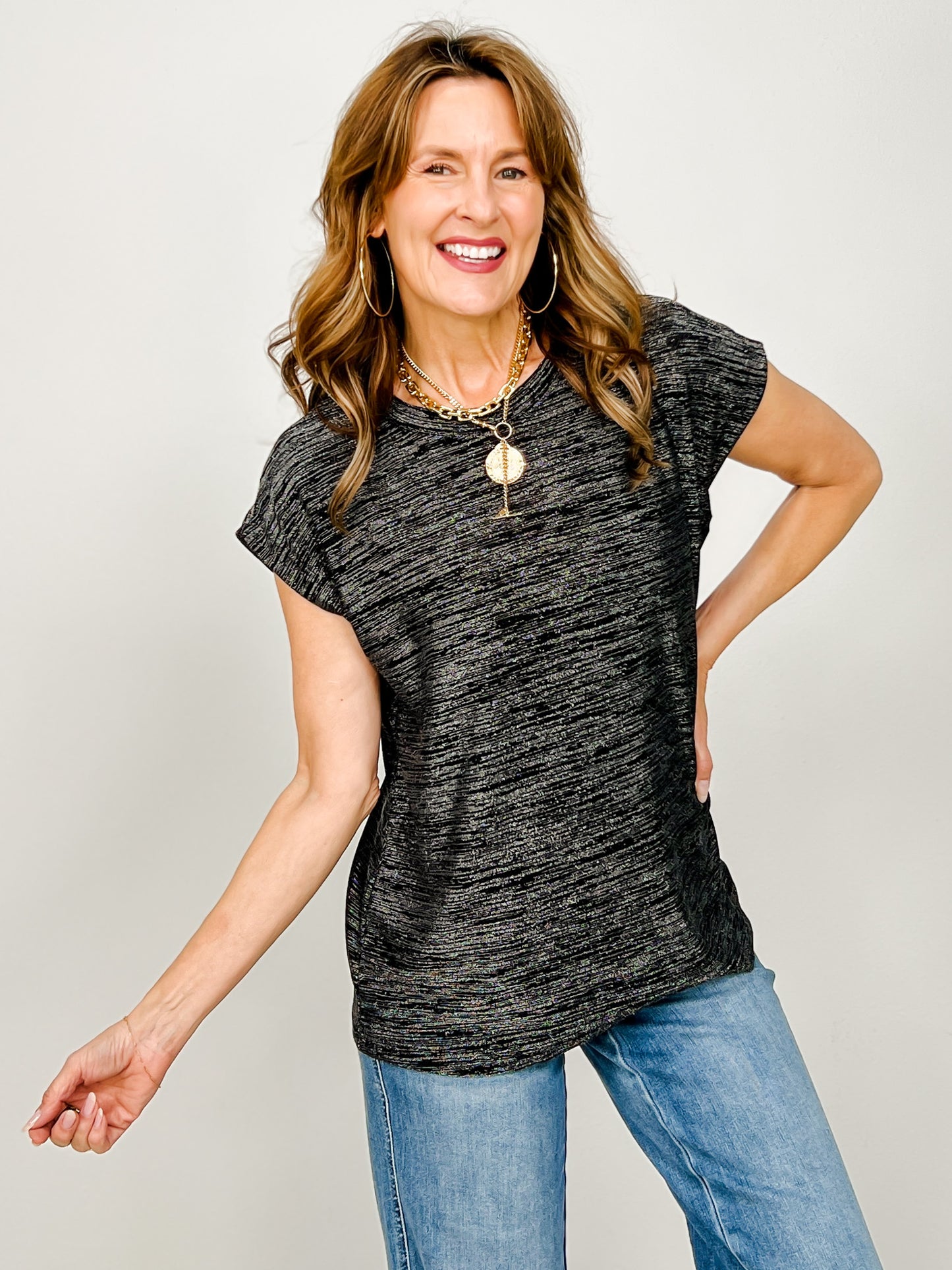 Relaxed Fit Round Neck Cap Sleeves Shimmer Top
