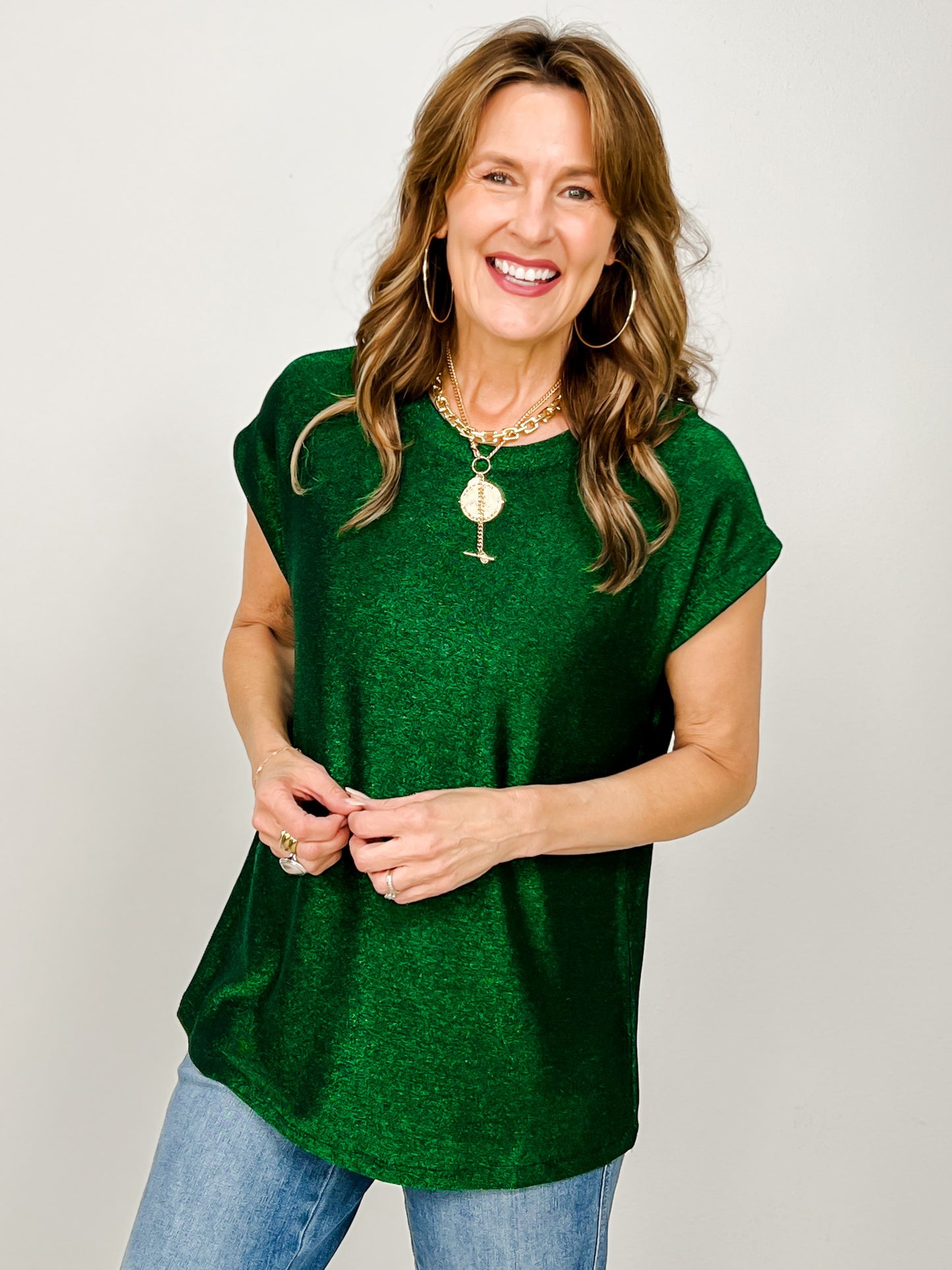 Relaxed Fit Round Neck Cap Sleeves Shimmer Top