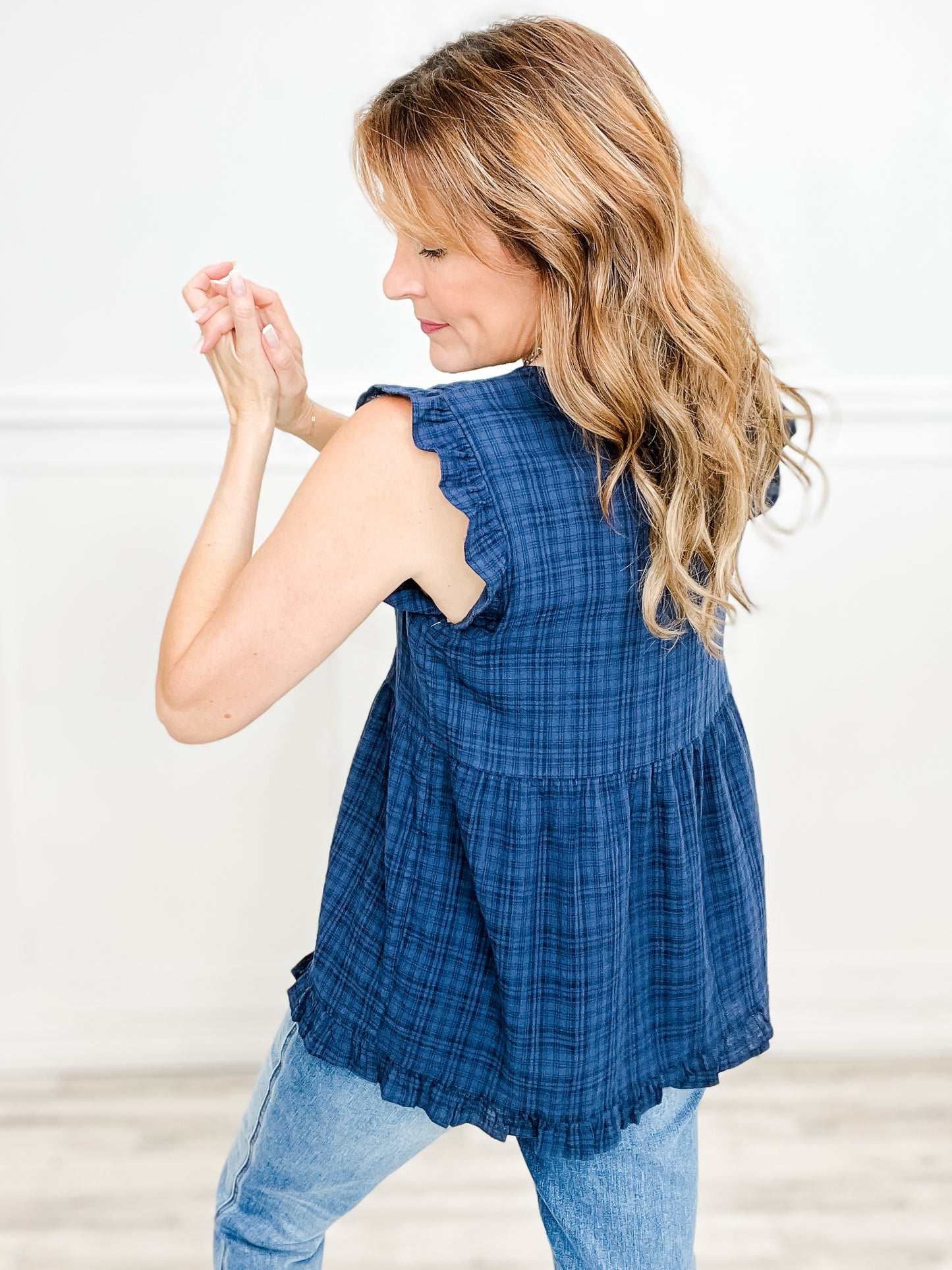 V-Neck Ruffle Sleeve Button Down Babydoll Blouse