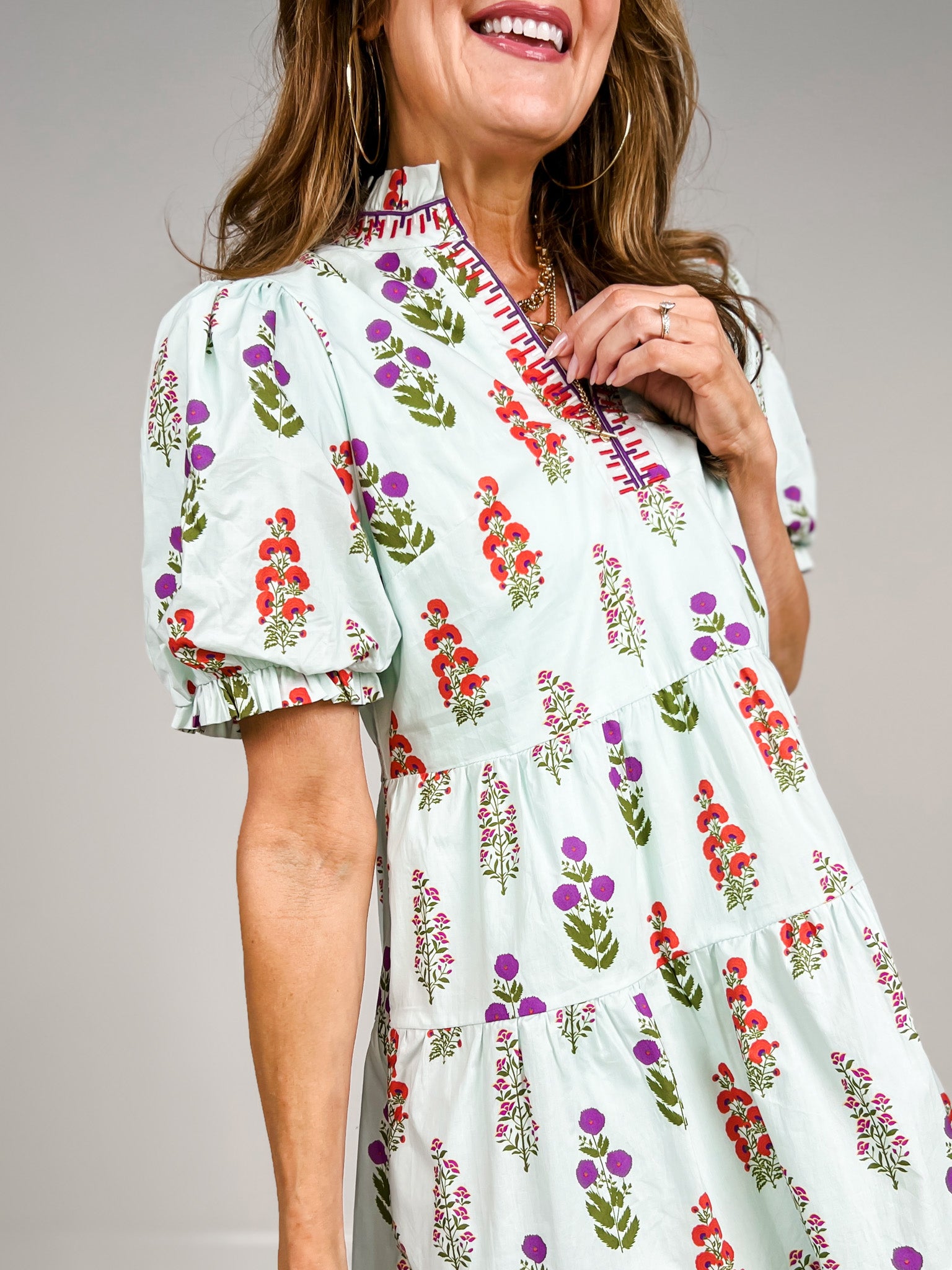 Embroidery Neckline Detail Floral Dress