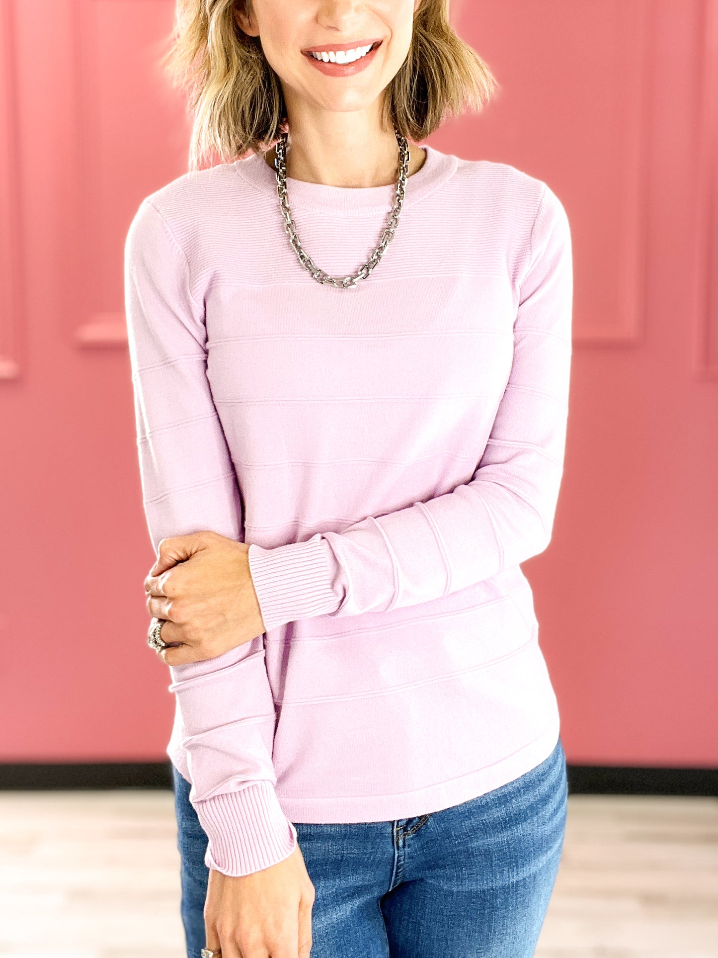 Day Dreaming Pintucked Crew Neck Pullover Sweater Top