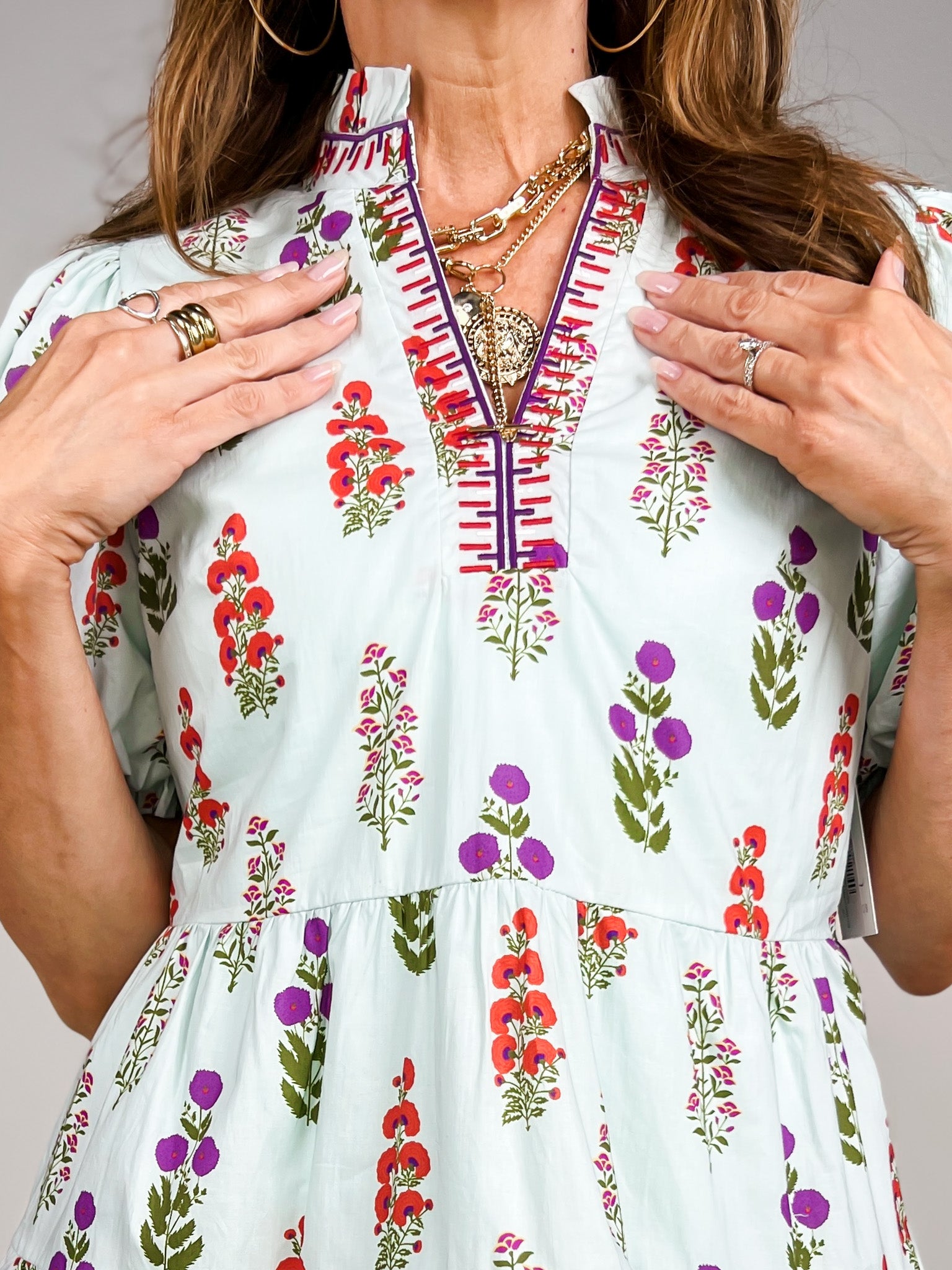 Embroidery Neckline Detail Floral Dress