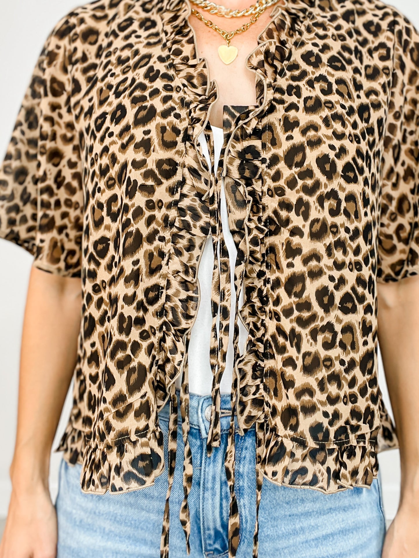 Short Sleeve Leopard Print Tie Front Top