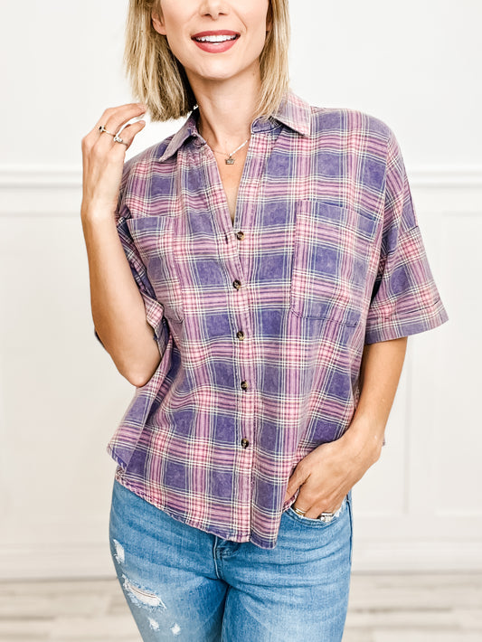 MINERAL WASHED BUTTON DOWN PLAID TOP