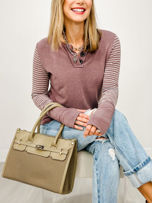 Stripe Contrast Button Front Pullover Top