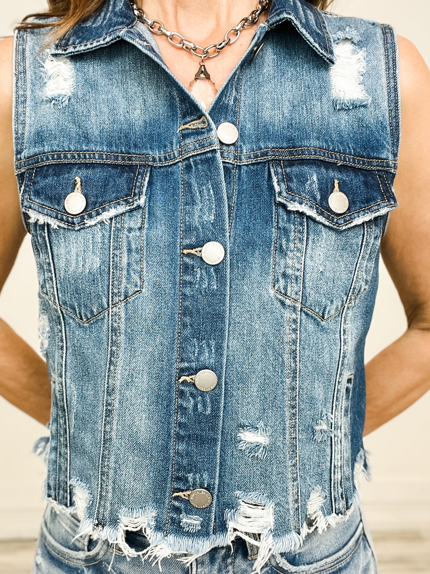 Risen Distressed Cropped Denim Vest