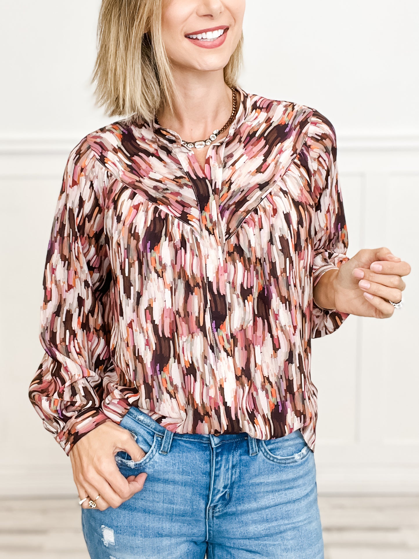 Abstract Print Shirred Yoke Long Sleeve Button Down Top