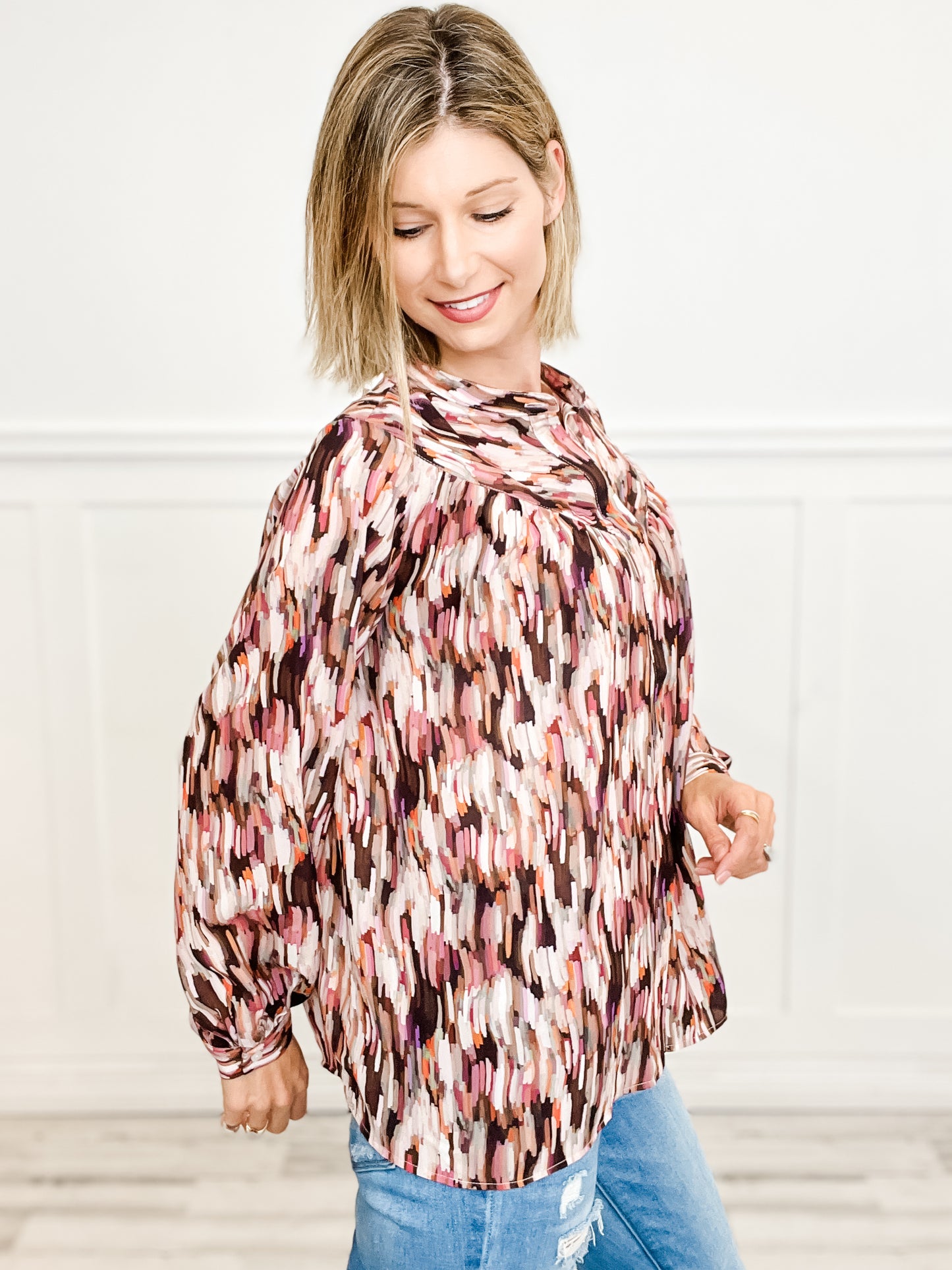 Abstract Print Shirred Yoke Long Sleeve Button Down Top