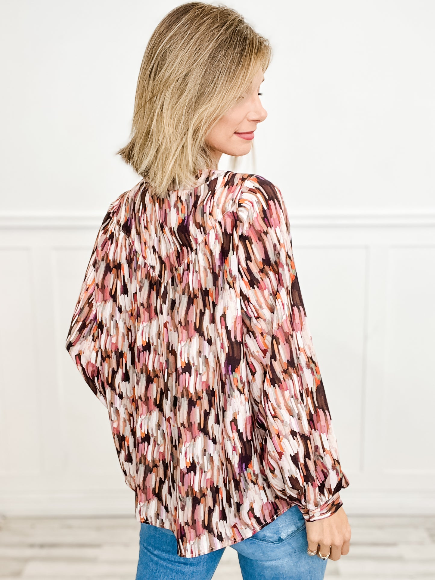 Abstract Print Shirred Yoke Long Sleeve Button Down Top