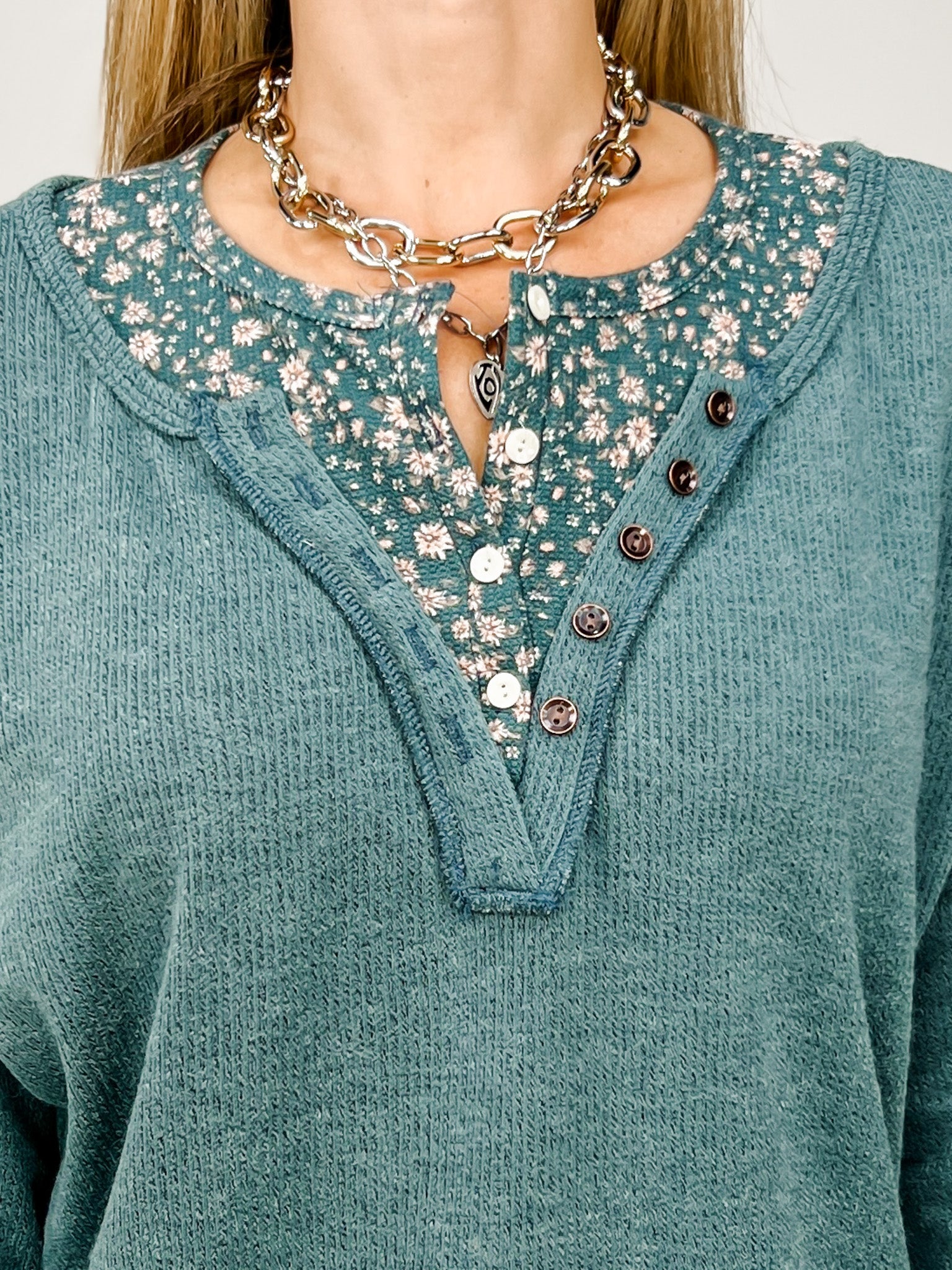 Solid Knit Henley Top With Floral Trim