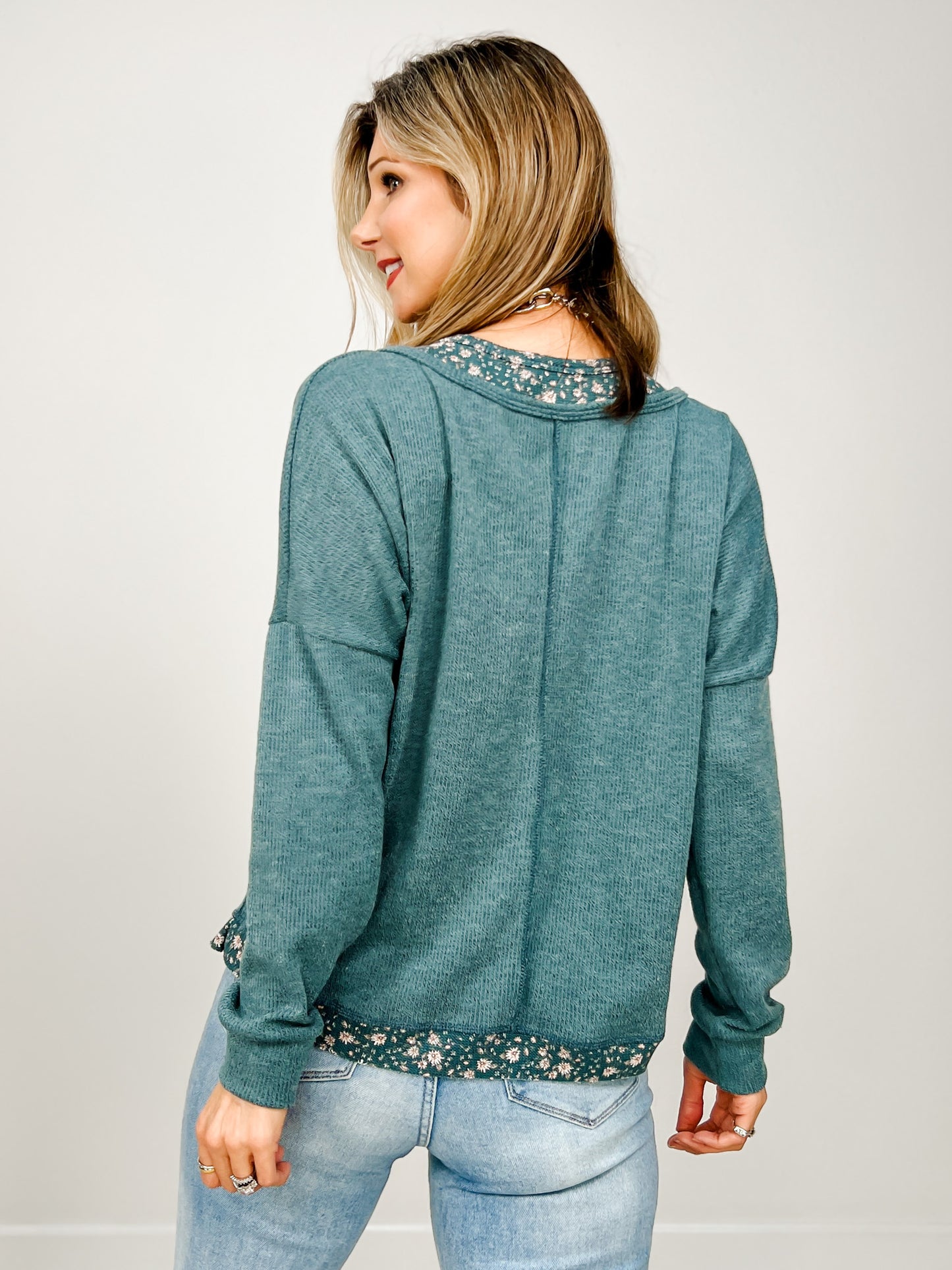 Solid Knit Henley Top With Floral Trim