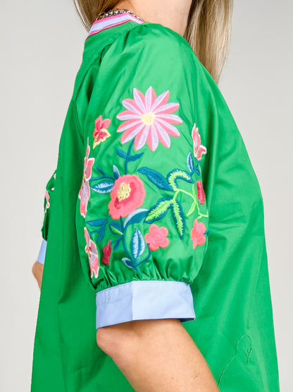 Embroidered Puff Sleeves Solid Woven Top