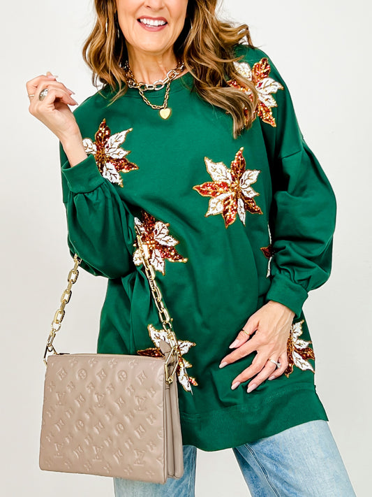 Long Sleeve Embroidered Sequin Poinsettia Tunic Top
