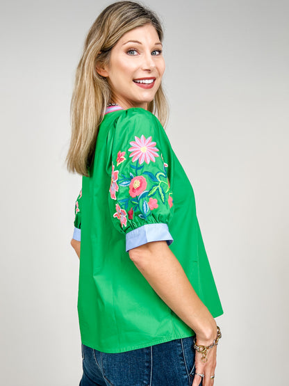 Embroidered Puff Sleeves Solid Woven Top