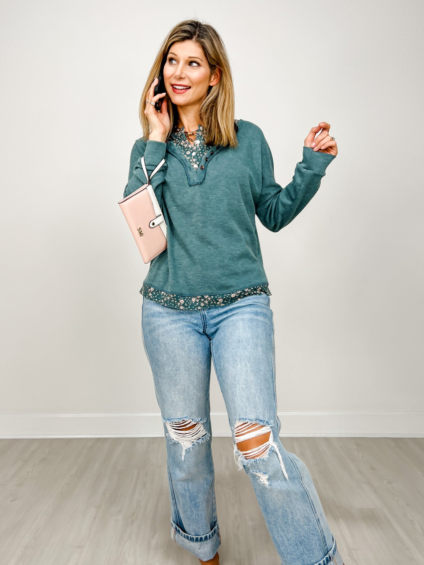 Solid Knit Henley Top With Floral Trim