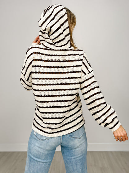 Striped Knit Leopard Contrast Drawstring Hoodie Top