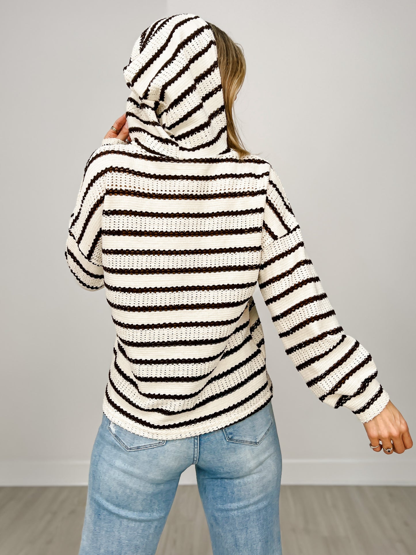 Striped Knit Leopard Contrast Drawstring Hoodie Top
