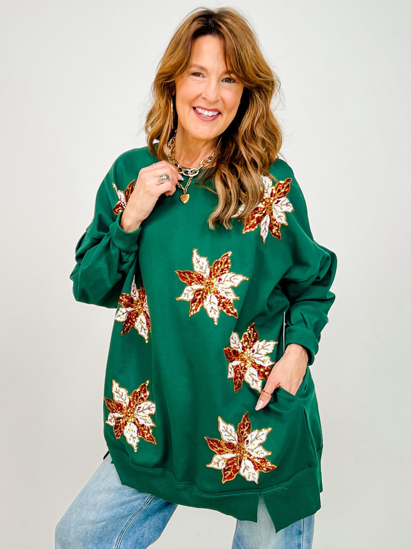 Long Sleeve Embroidered Sequin Poinsettia Tunic Top
