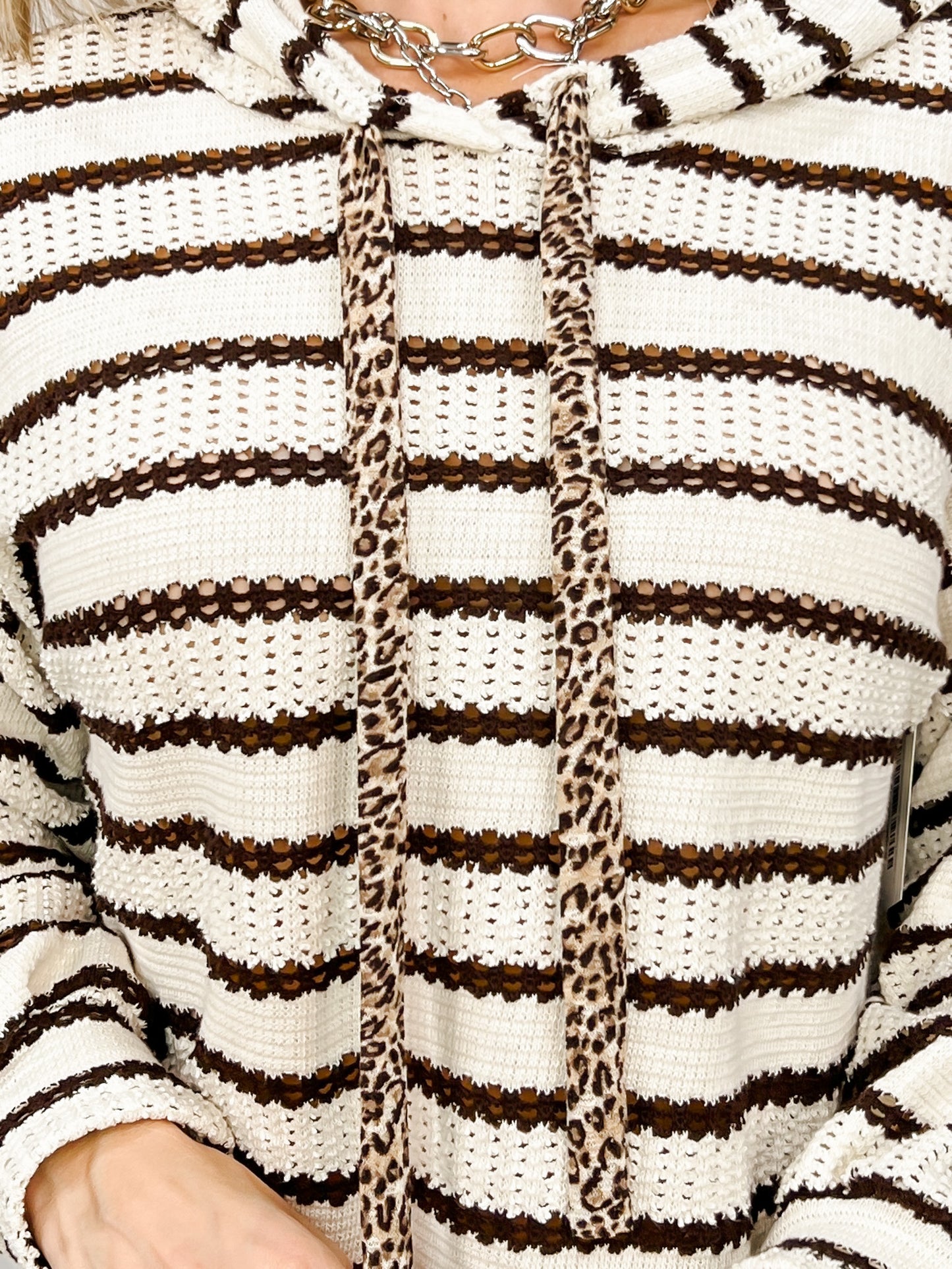 Striped Knit Leopard Contrast Drawstring Hoodie Top