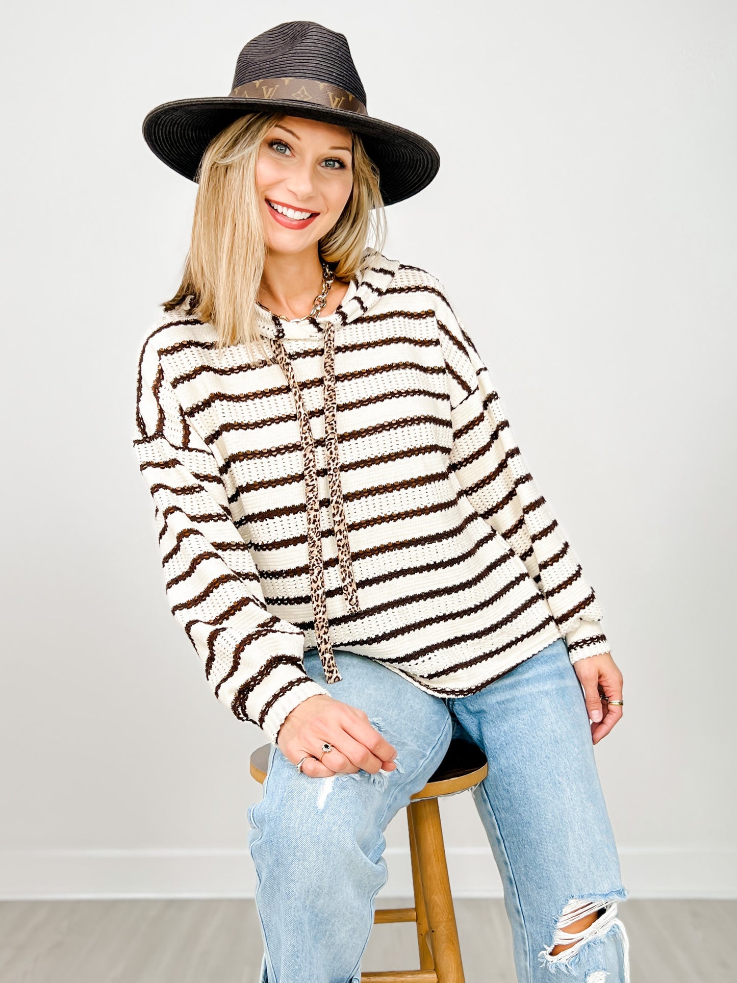 Striped Knit Leopard Contrast Drawstring Hoodie Top