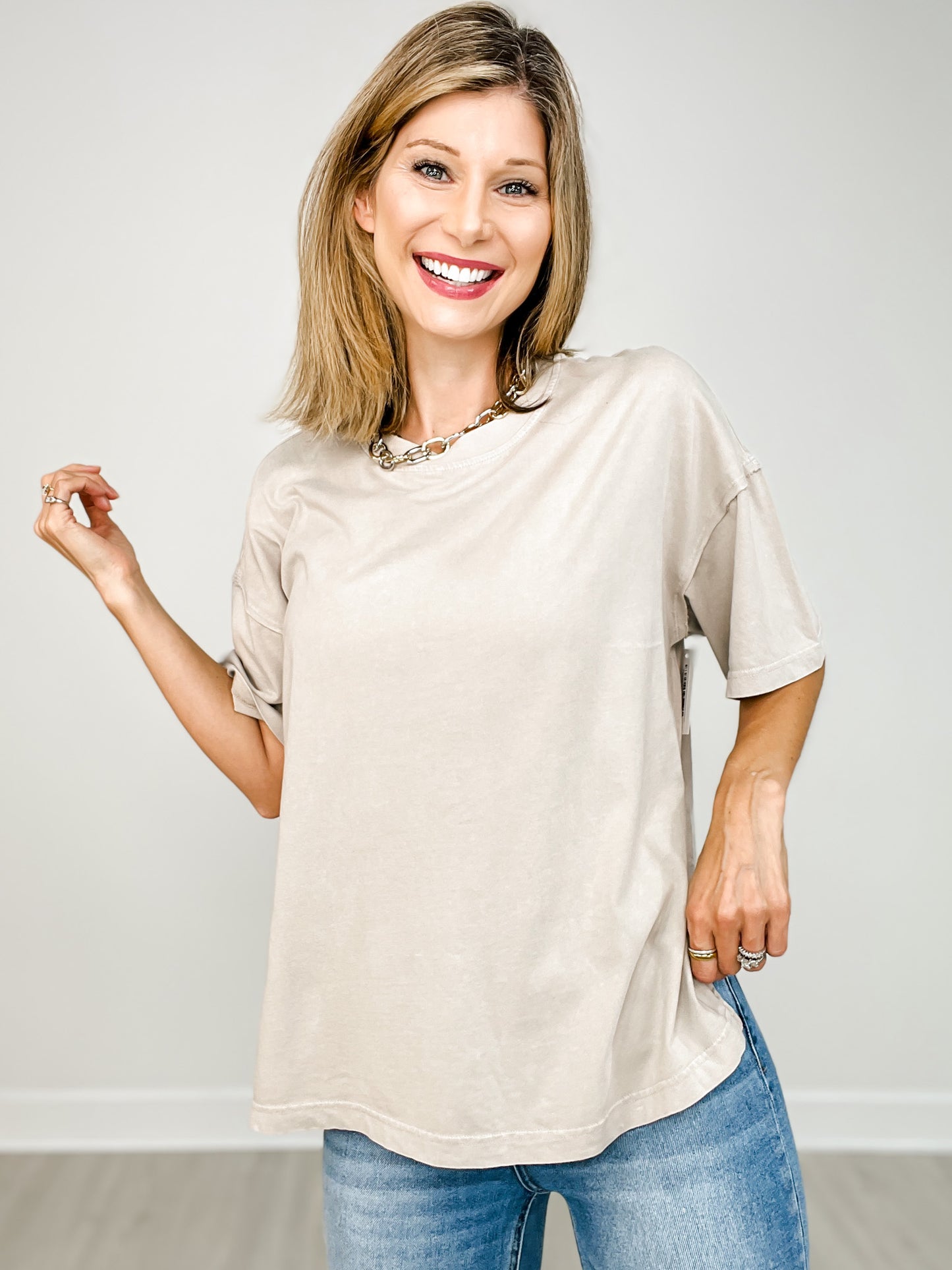 Oversized Mineral Washed Short Sleeve Top with Side Slits