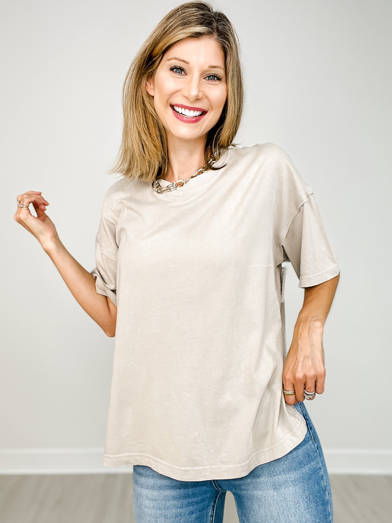 Oversized Mineral Washed Short Sleeve Top with Side Slits