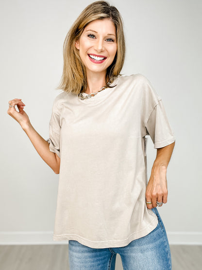 Oversized Mineral Washed Short Sleeve Top with Side Slits