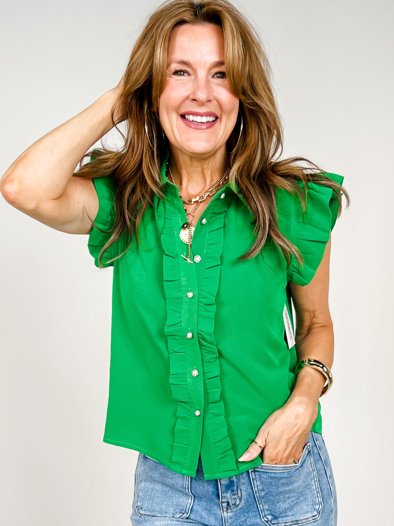 Cap Sleeve Ruffle Detail Button Down Solid Top