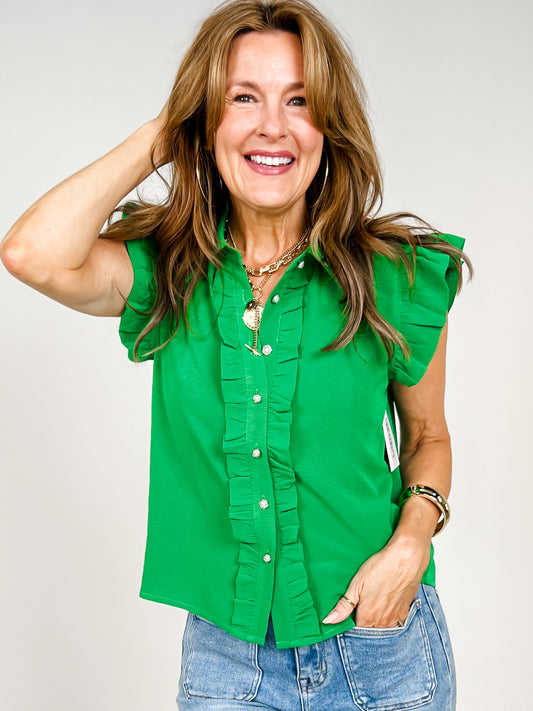 Cap Sleeve Ruffle Detail Button Down Solid Top