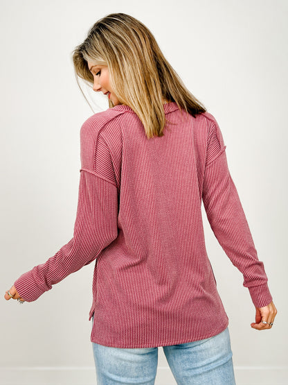 Ribbed Textured V-Neck Long Sleeve Top