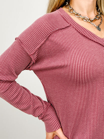 Ribbed Textured V-Neck Long Sleeve Top