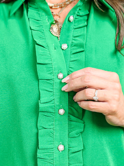 Cap Sleeve Ruffle Detail Button Down Solid Top