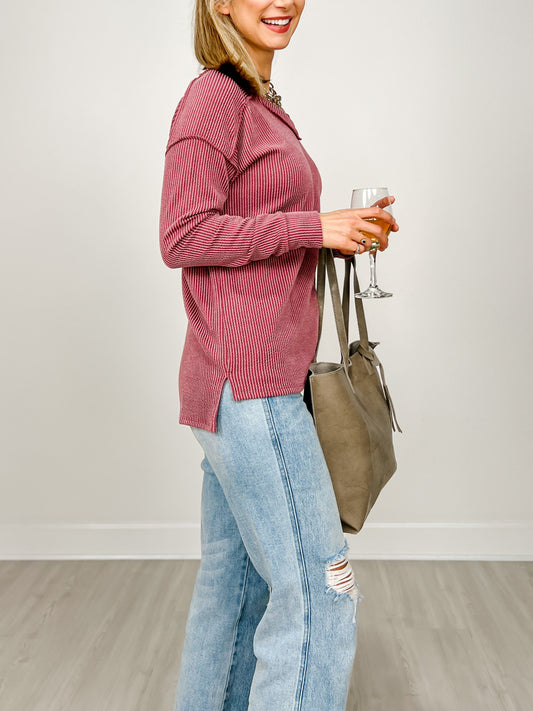 Ribbed Textured V-Neck Long Sleeve Top