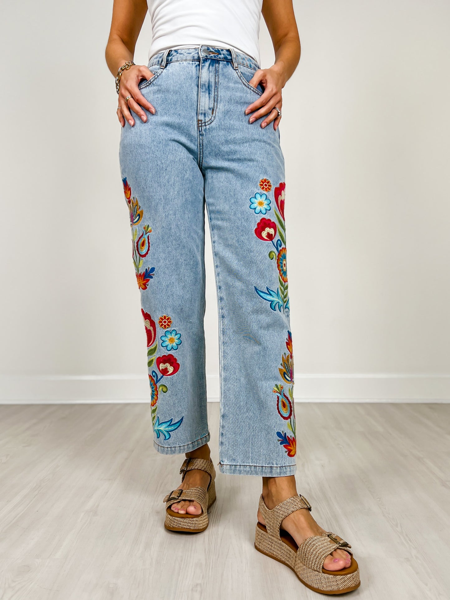 Embroidered Washed Denim Pants